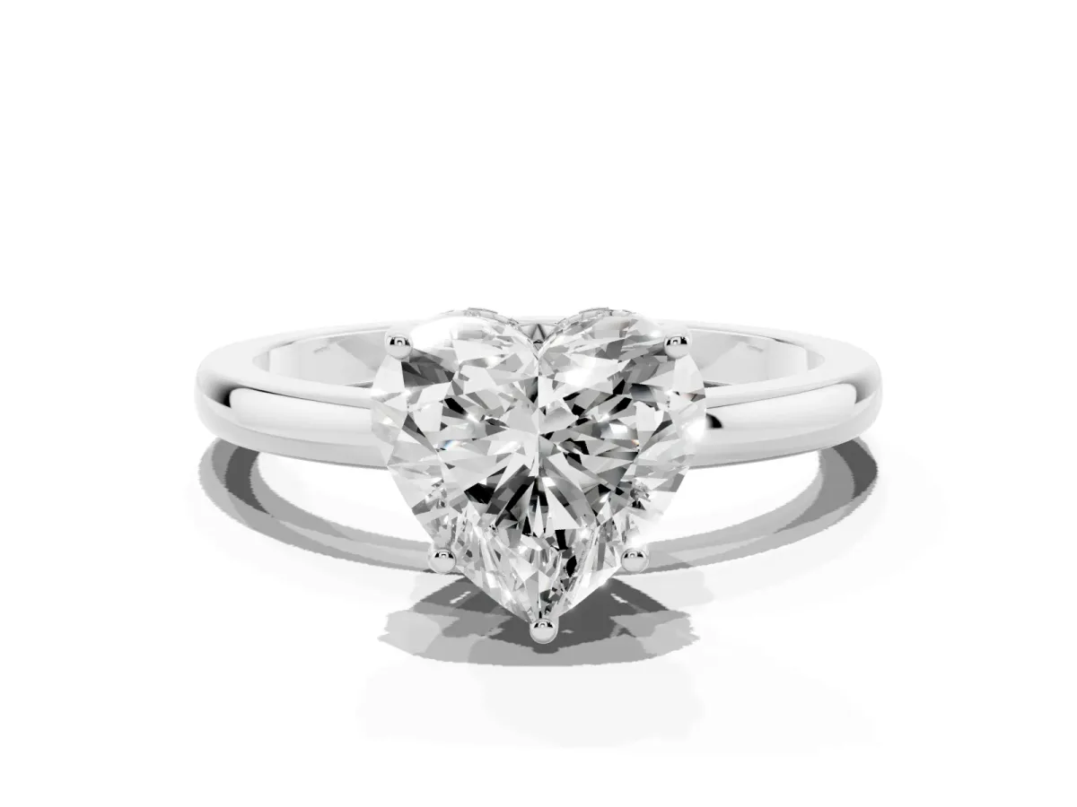 Heart Cut Solitaire Diamond Ring with Prong Setting and Plain Band Silver