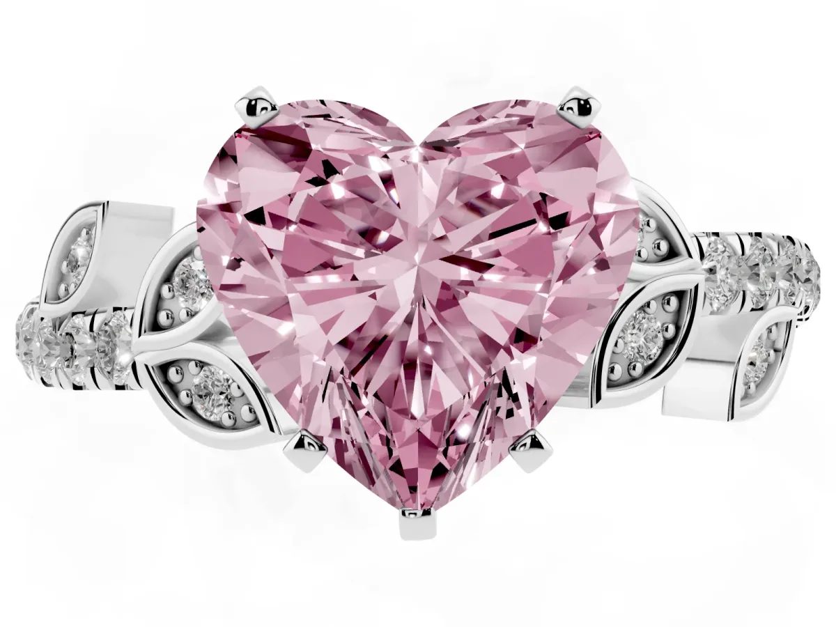 Fancy Pink Heart Cut Solitaire Leaf-Inspired Diamond Ring with Pavé Band and Four-Prong Setting Platinum