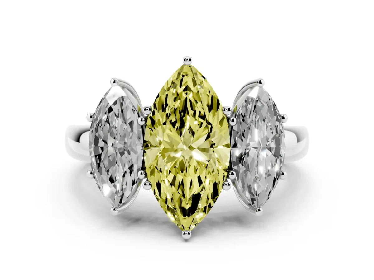 Fancy Yellow Marquise Cut Diamond Three-Stone Ring with Four-Prong Setting and Classic Band Silver