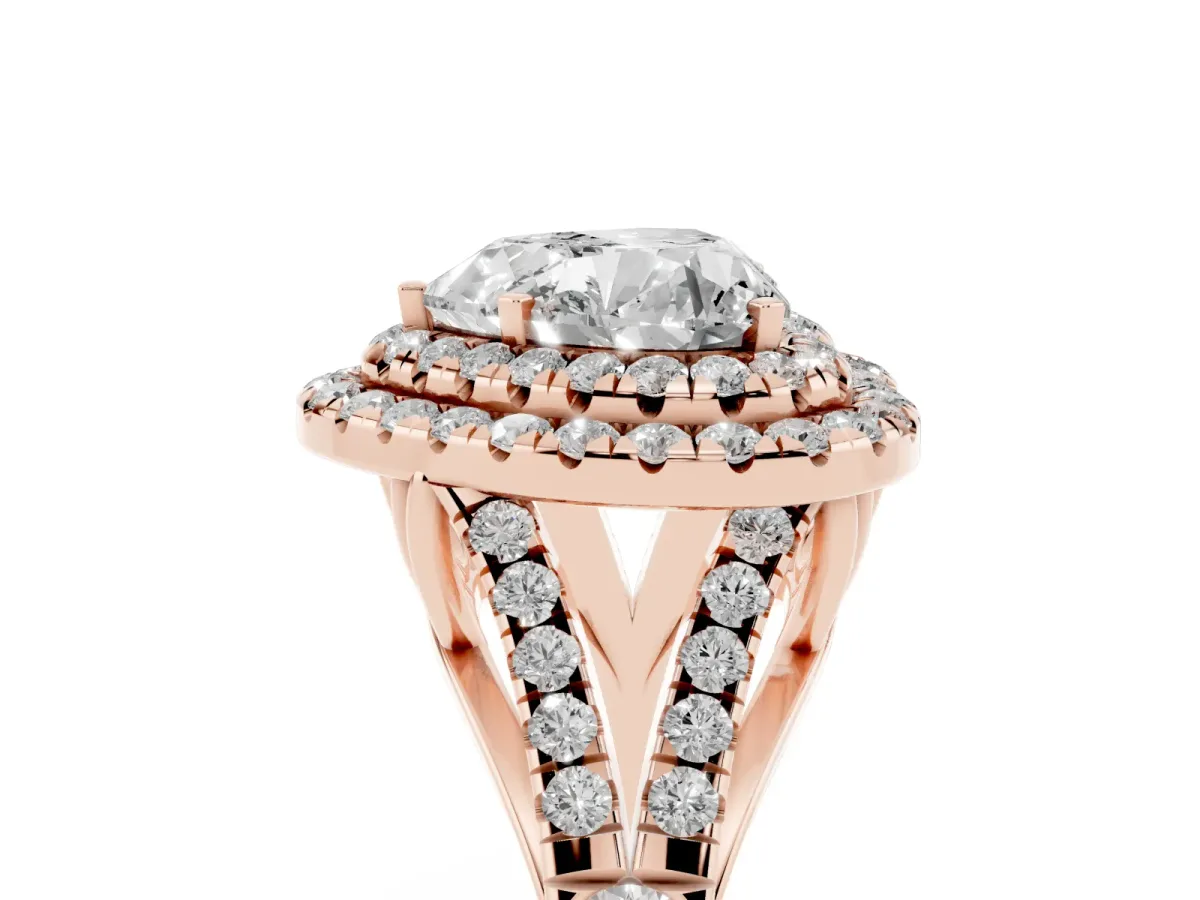 Double Halo Heart Cut Diamond Split Shank Engagement Ring with Four-Prong Setting Rose gold