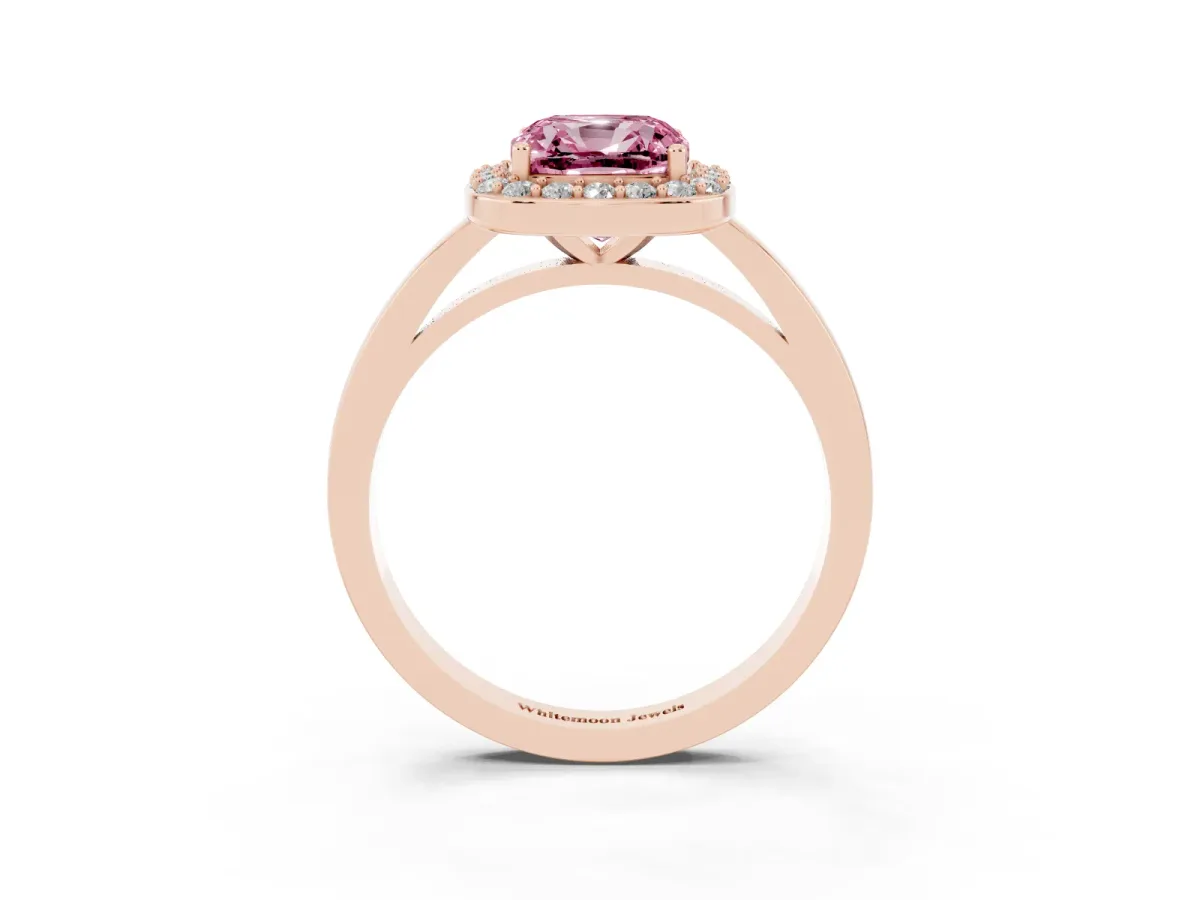 Fancy Pink Cushion Cut Halo Diamond Ring with Solitaire Band and Prong Setting Rose gold