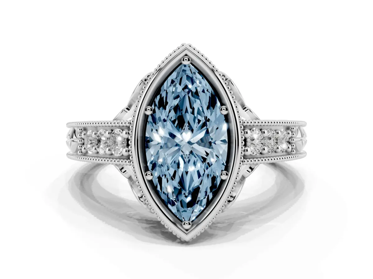 Fancy Blue Bezel Set Marquise Cut Diamond Milgrain Pave Engagement Ring Silver