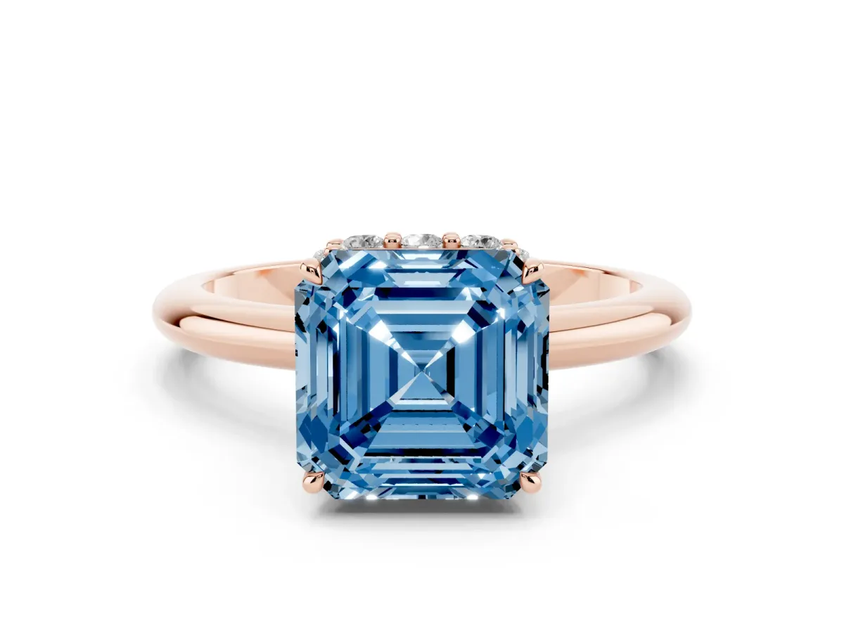 Fancy Blue Asscher Cut Brilliant Solitaire Engagement Ring with Six-Prong Setting and Classic Band Rose gold