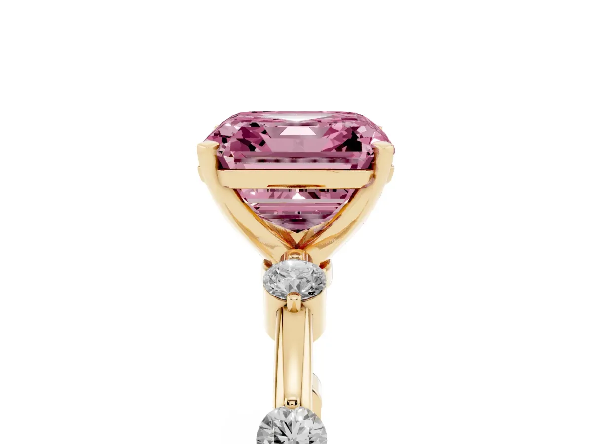 Fancy Pink Asscher Cut Solitaire Diamond Ring with Bezel Set Side Stones and Prong Setting Yellow gold