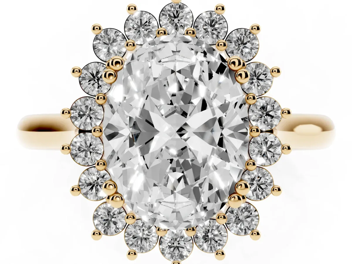 Oval Cut Cut Diamond Halo Ring with Solitaire Band and Prong Setting Yellow gold