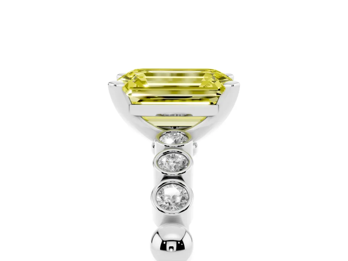 Fancy Yellow Emerald Cut Solitaire Bezel Accent Diamond Engagement Ring with Beaded Band and Four-Prong Setting White gold
