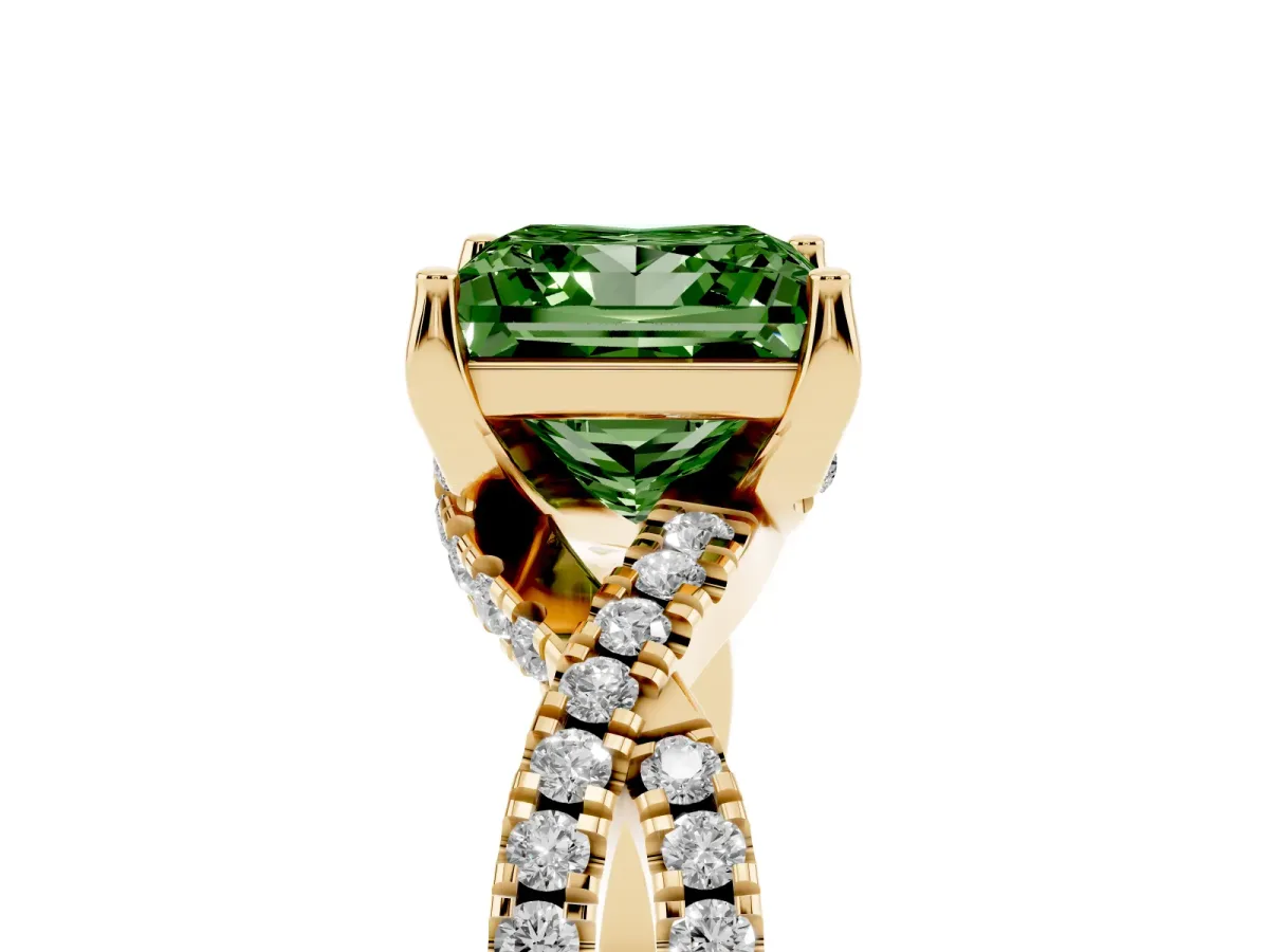 Fancy Green Princess Cut Solitaire Twist Pave Diamond Engagement Ring with Prong Setting Yellow gold