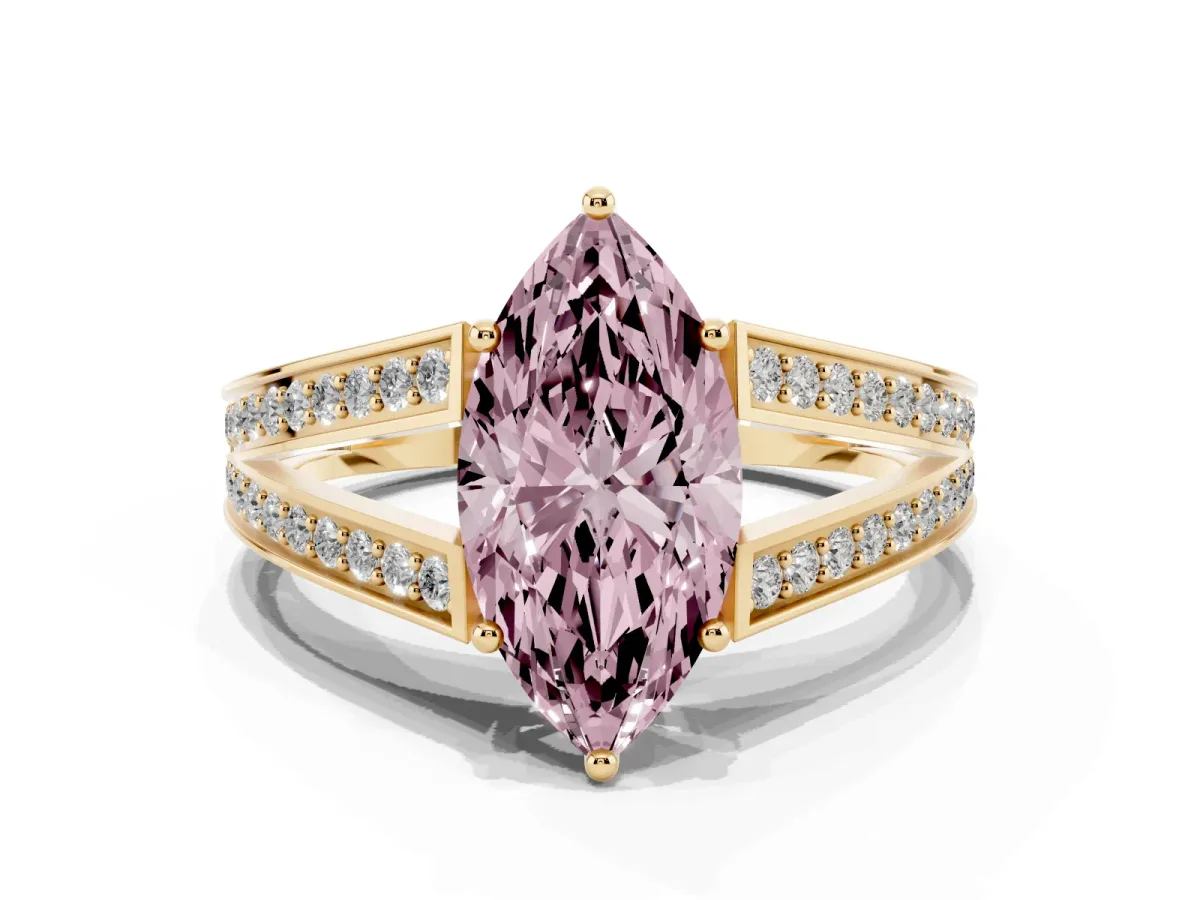 Fancy Pink Marquise Cut Diamond Split Shank Ring with Pavé Band and Four-Prong Setting Yellow gold