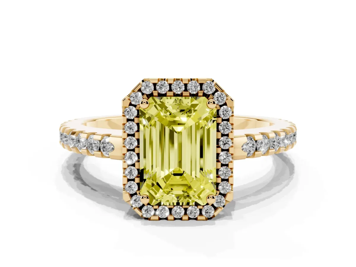 Fancy Yellow Emerald Cut Diamond Halo Engagement Ring with Pavé Band and Prong Setting Yellow gold