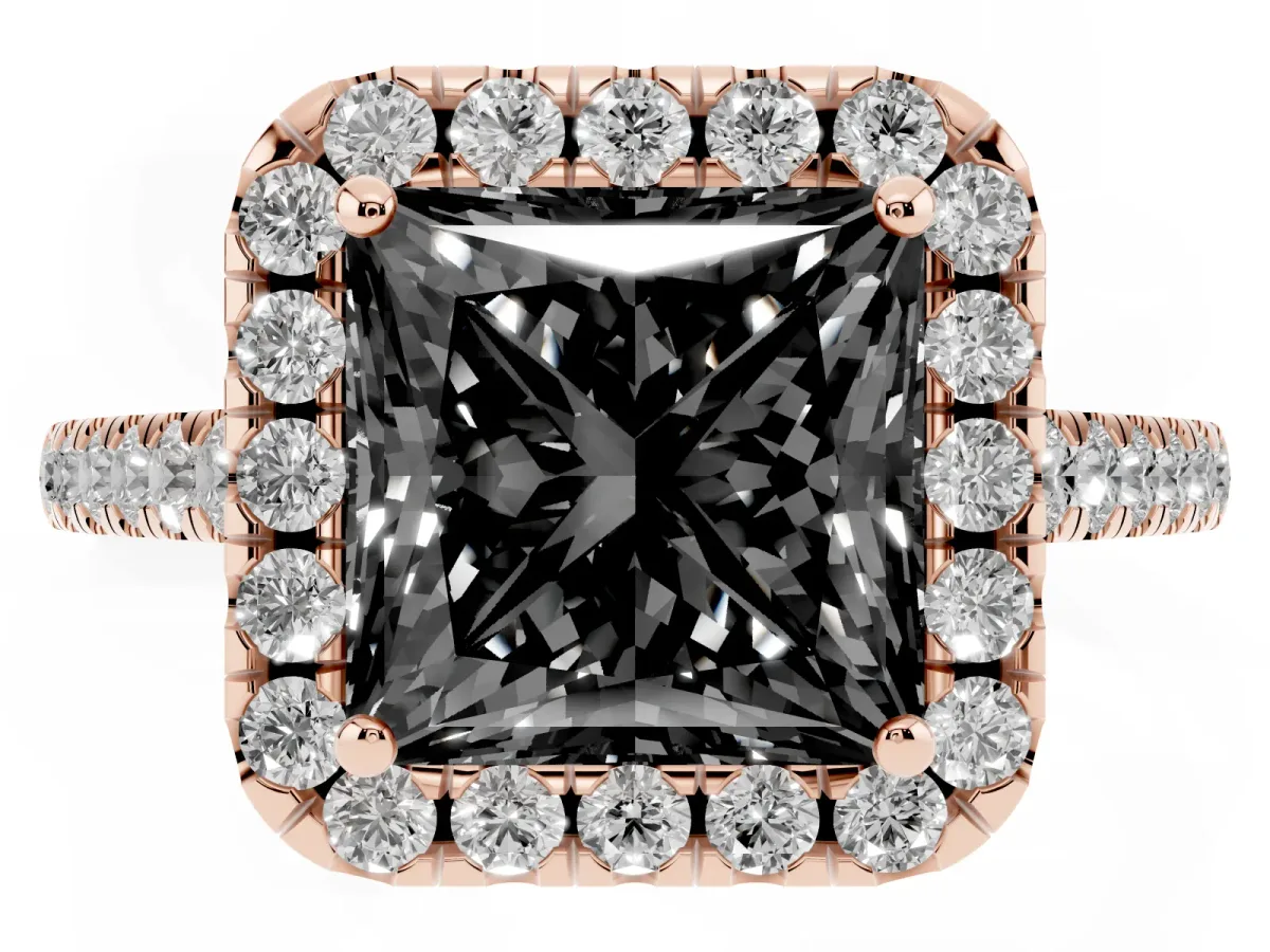 Fancy Black Princess Cut Halo Pave Diamond Engagement Ring with Four-Prong Setting Rose gold