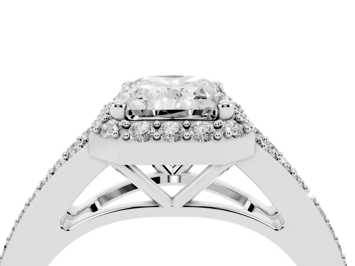Radiant Cut Halo Split Shank Pave Diamond Ring with Four-Prong Setting Platinum