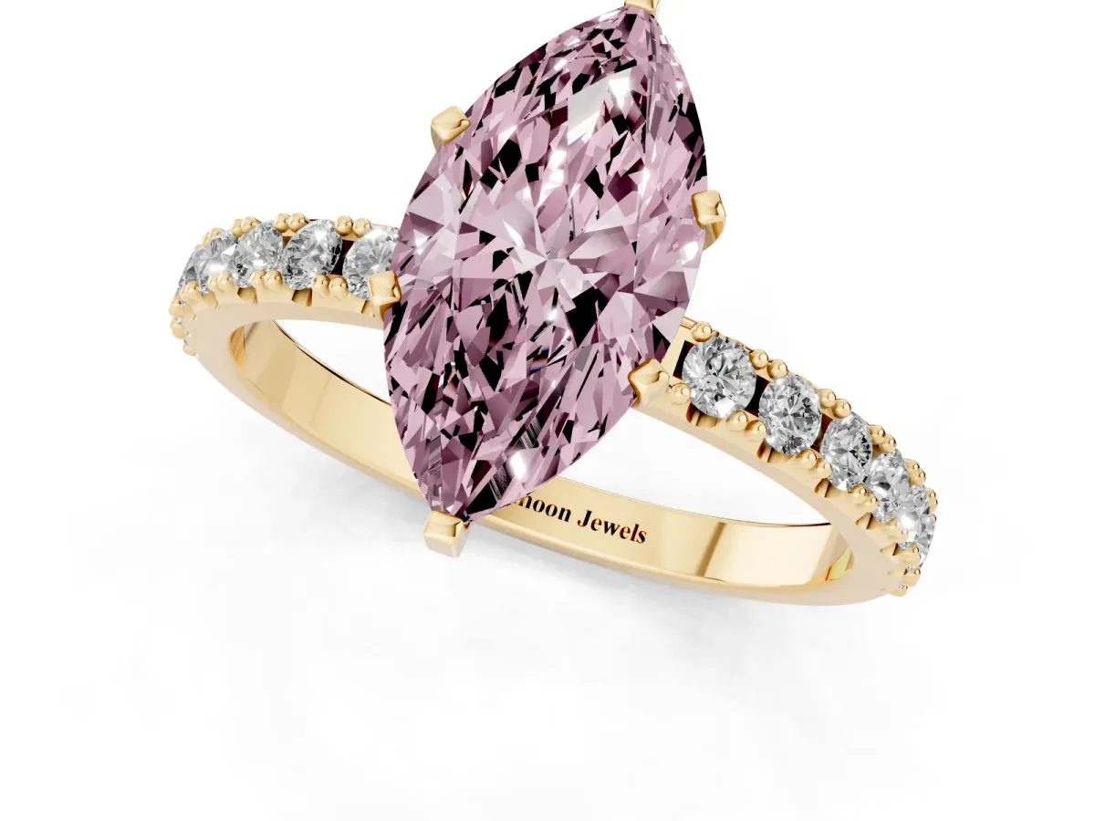 Fancy Pink Marquise Cut Diamond Solitaire Pavé Band with Four-Prong Setting Yellow gold