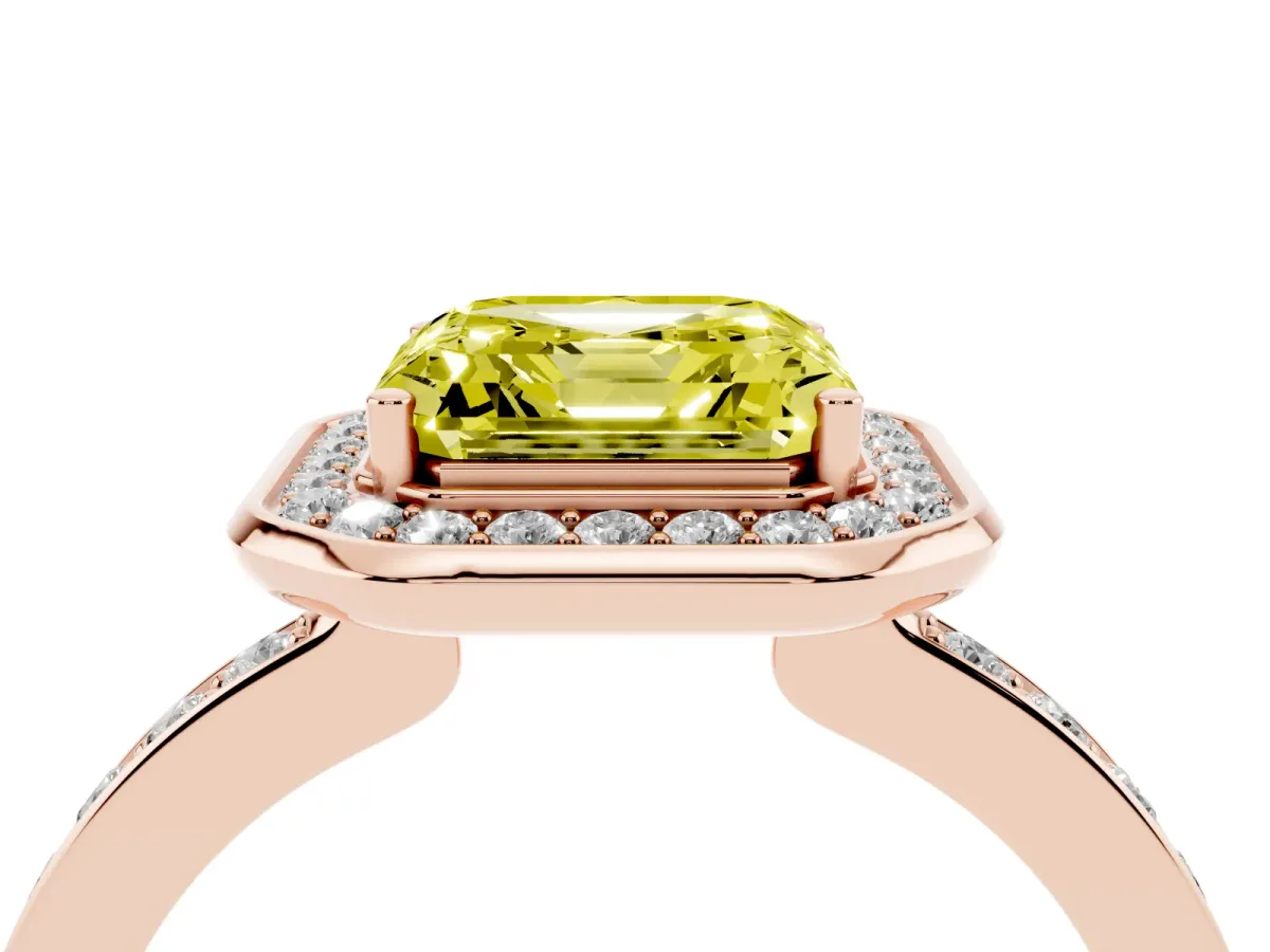 Fancy Yellow Asscher Cut Diamond Halo Ring with Bezel Frame and Pavé Band Rose gold
