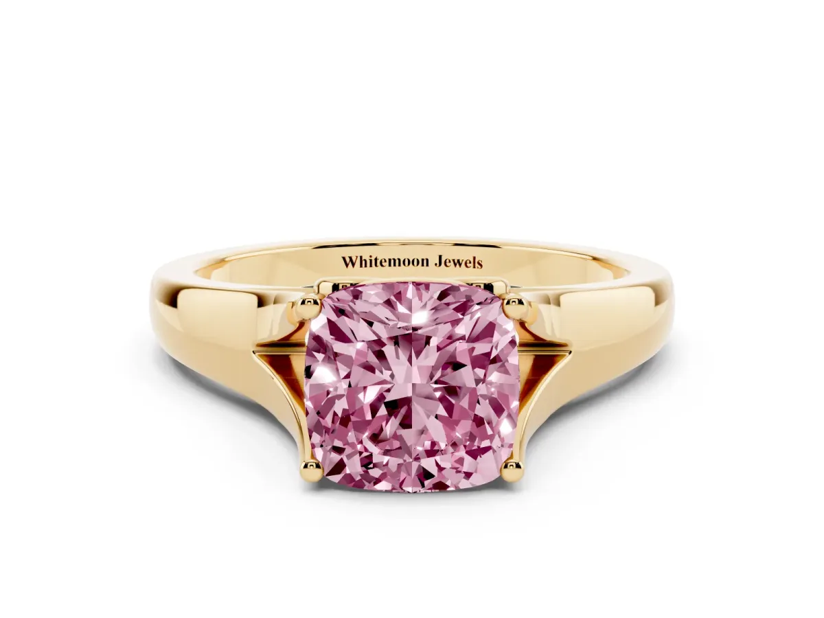 Fancy Pink Cushion Cut Solitaire Diamond Ring with Cathedral Band and Four-Prong Setting Yellow gold