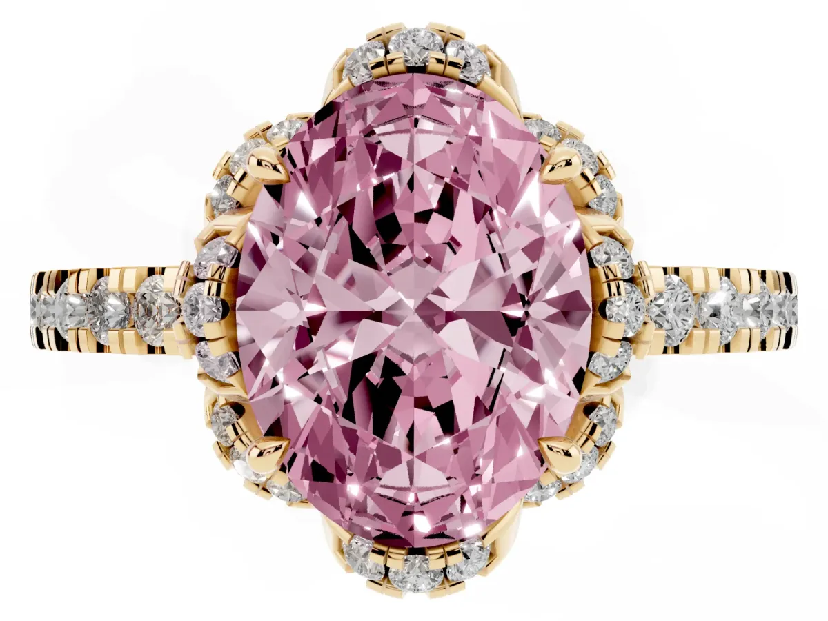 Fancy Pink Oval Cut Halo Diamond Pave Band Ring with Four-Prong Setting Yellow gold