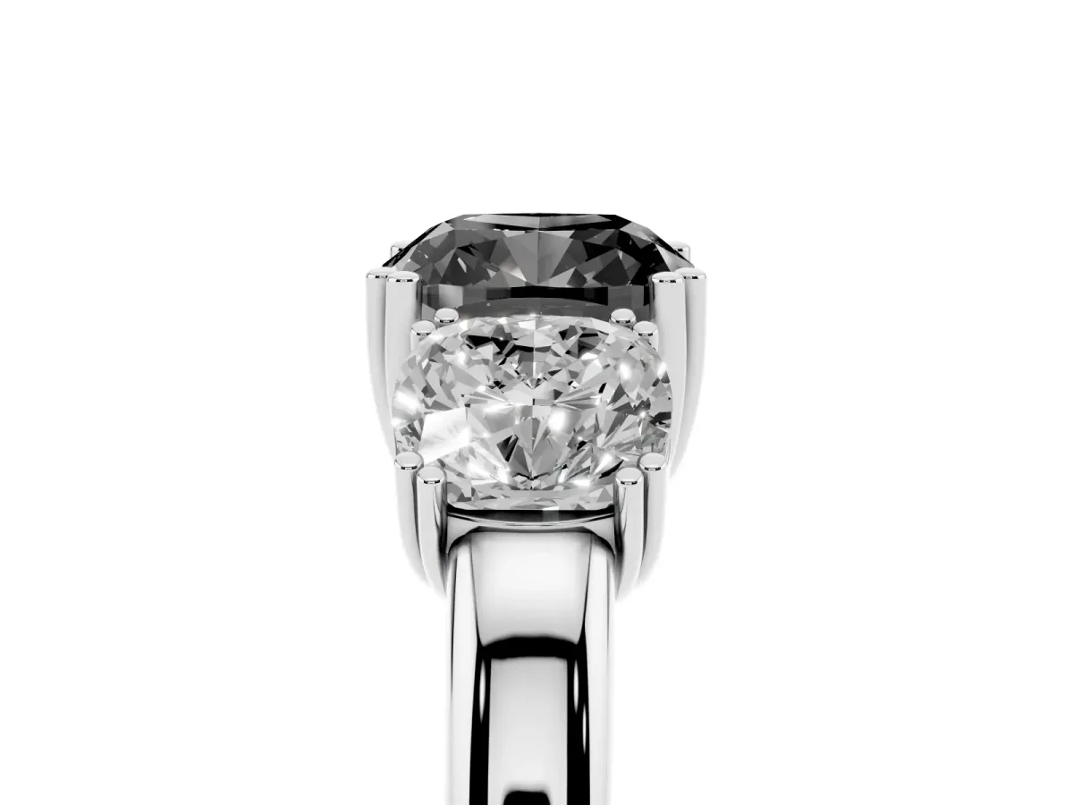 Fancy Black Three-Stone Cushion Cut Cut Diamond Ring with Channel Set Band and Four-Prong Setting Silver
