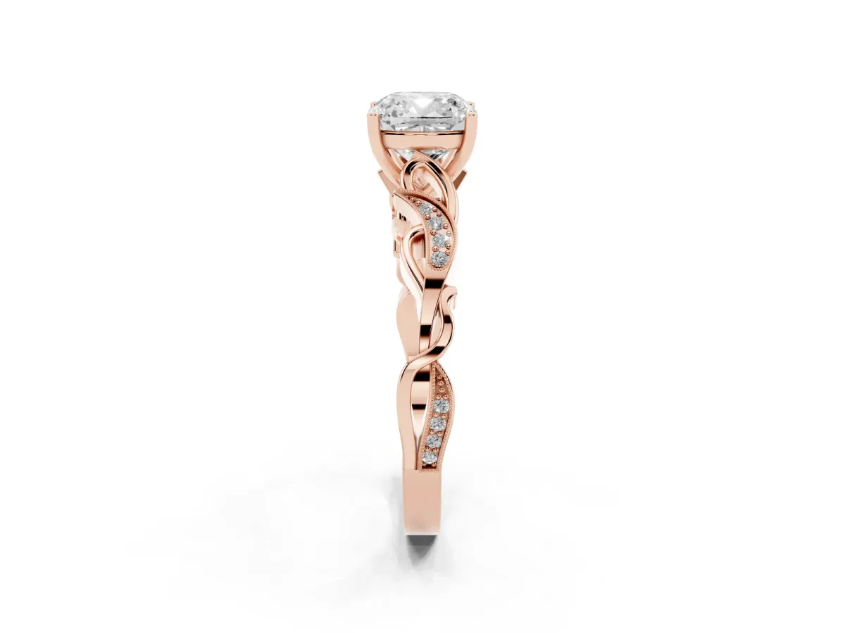 Cushion Cut Solitaire Vine Band with Milgrain Prong Setting Rose gold