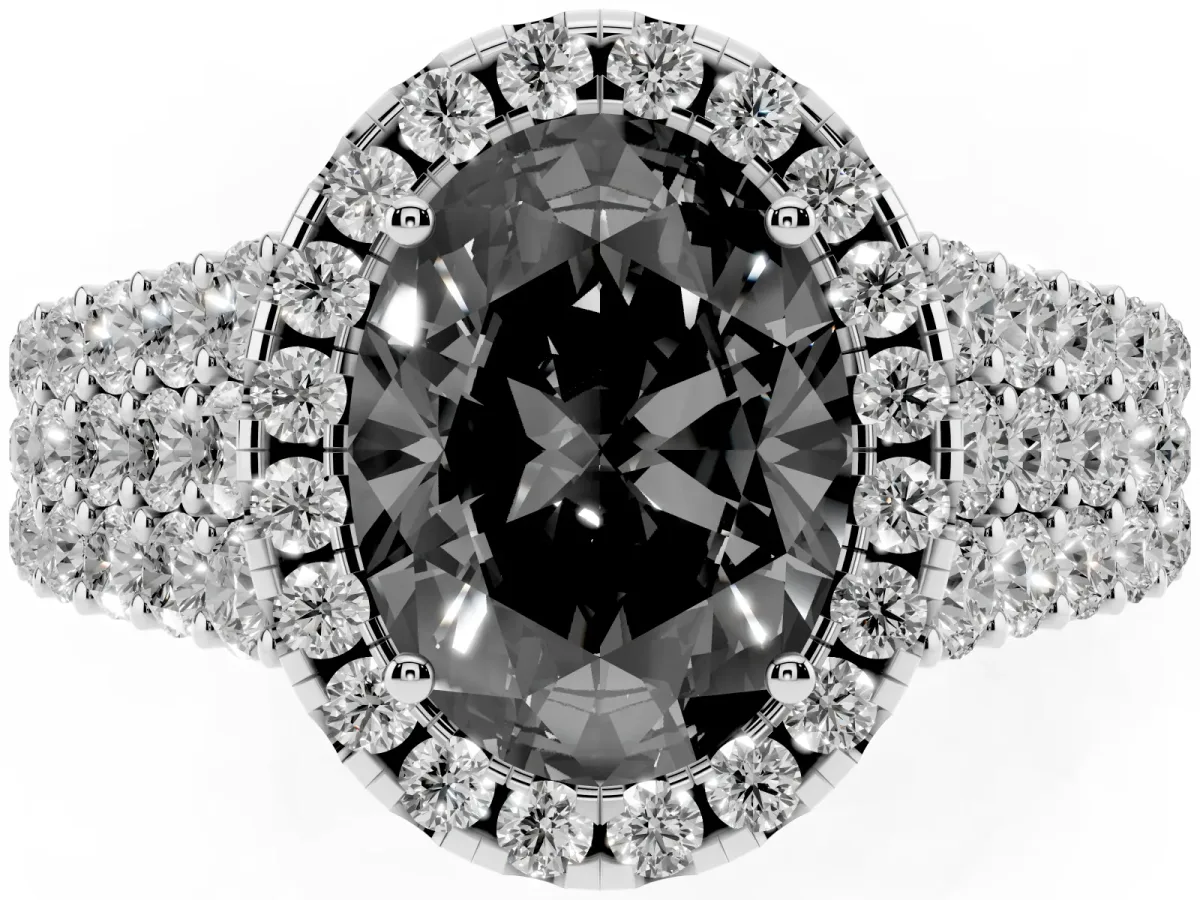 Fancy Black Oval Cut Diamond Halo Engagement Ring with Triple Row Round Pavé Band and Prong Setting Silver