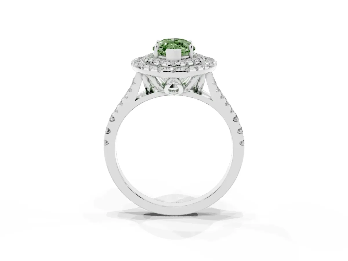 Fancy Green Double Halo Marquise Cut Diamond Pavé Split Shank Ring with Prong Setting Platinum
