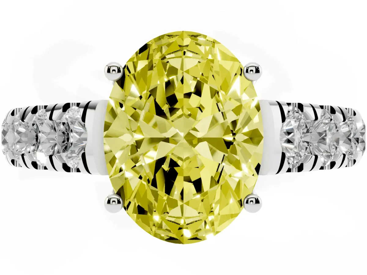 Fancy Yellow Oval Cut Cut Diamond Solitaire Ring with Micro Pave Band and Prong Setting Platinum