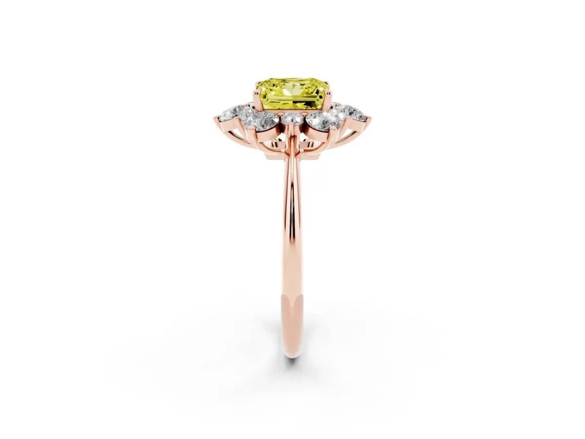 Fancy Yellow Princess Cut Diamond Cluster Halo Ring with Solitaire Band and Four-Prong Setting Rose gold