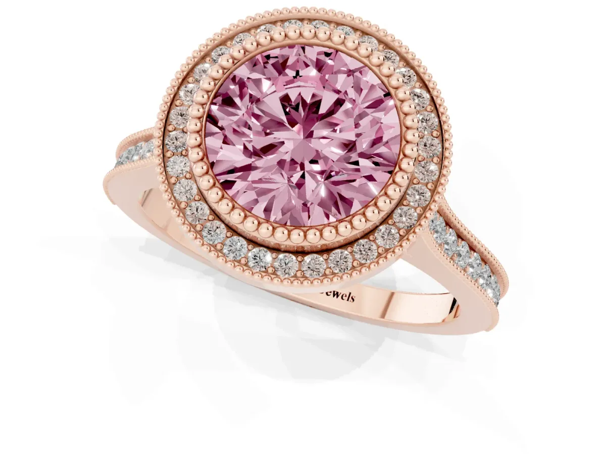Fancy Pink Round Cut Diamond Halo Ring with Milgrain Frame and Pavé Band Rose gold