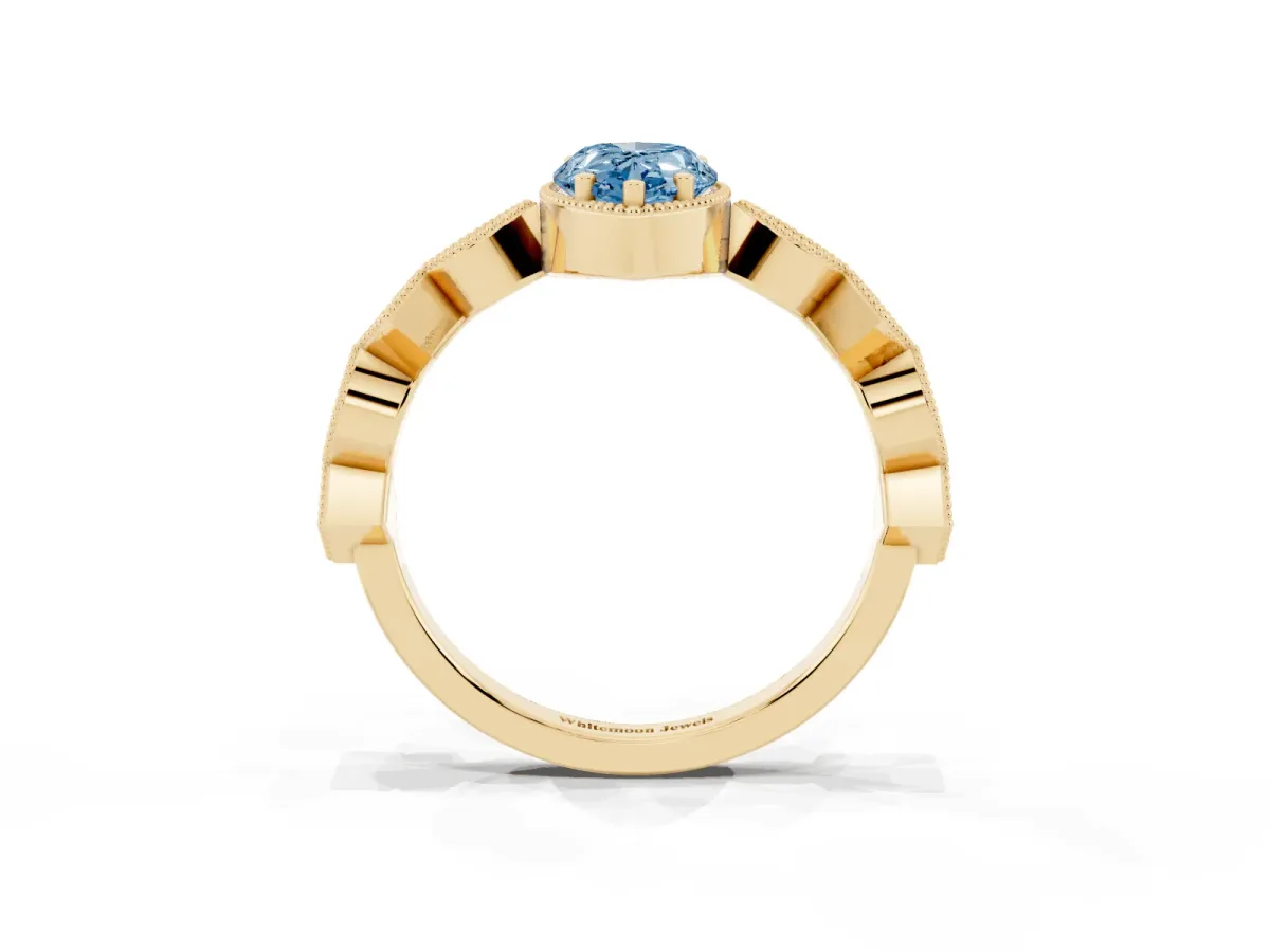 Fancy Blue Pear Cut Milgrain Marquise Diamond Twist Band Ring Yellow gold
