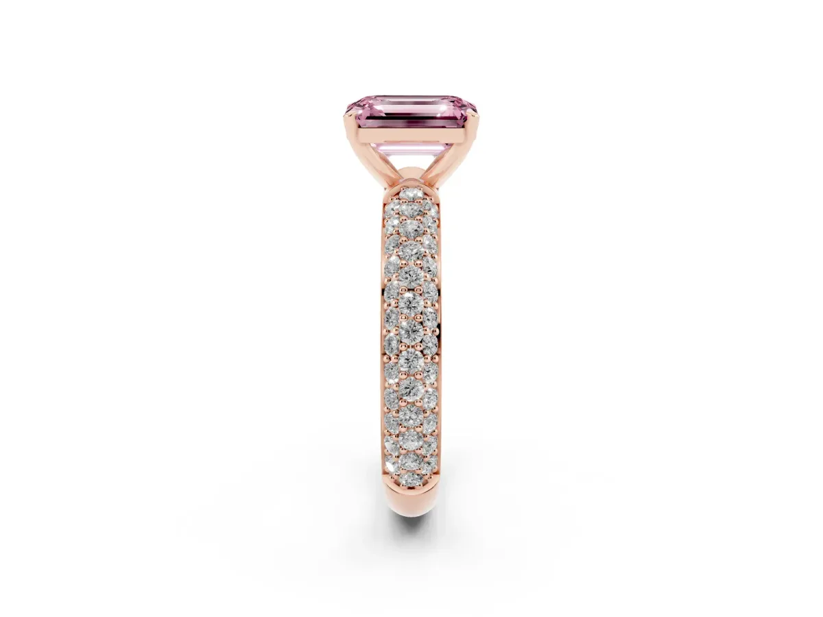 Fancy Pink Emerald Cut Diamond Solitaire Ring with Prong Setting and Pavé Band Rose gold