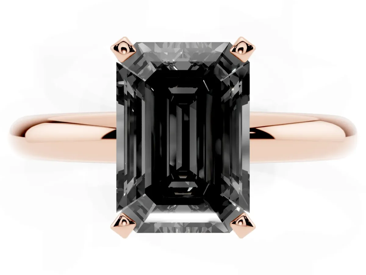 Fancy Black Emerald Cut Diamond Solitaire Engagement Ring with Round Band and Four-Prong Setting Rose gold