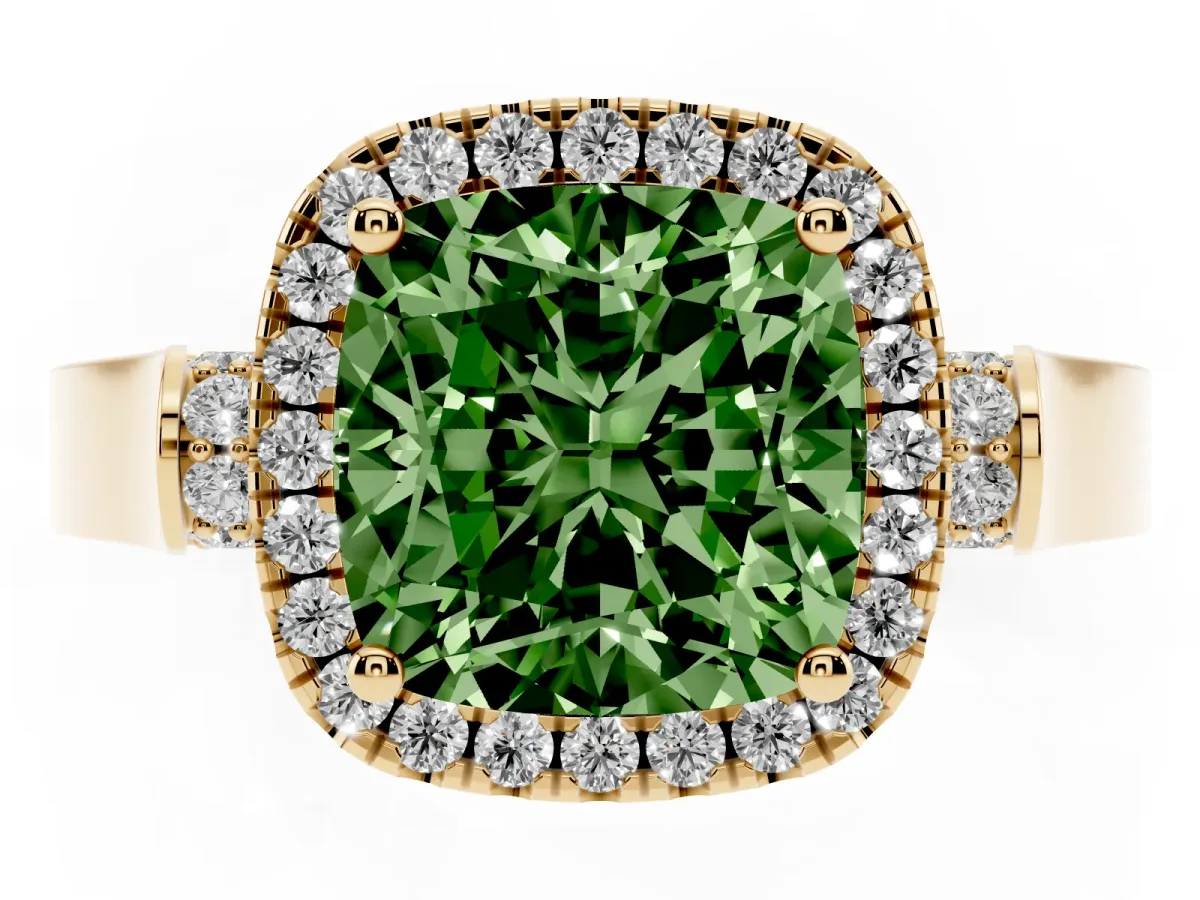 Fancy Green Cushion Cut Halo Pave Split Shank Prong Setting Ring Yellow gold