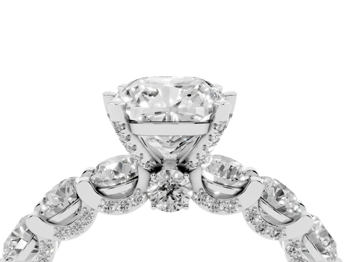 Cushion Cut Diamond Side Stone Engagement Ring with Four-Prong Setting White gold