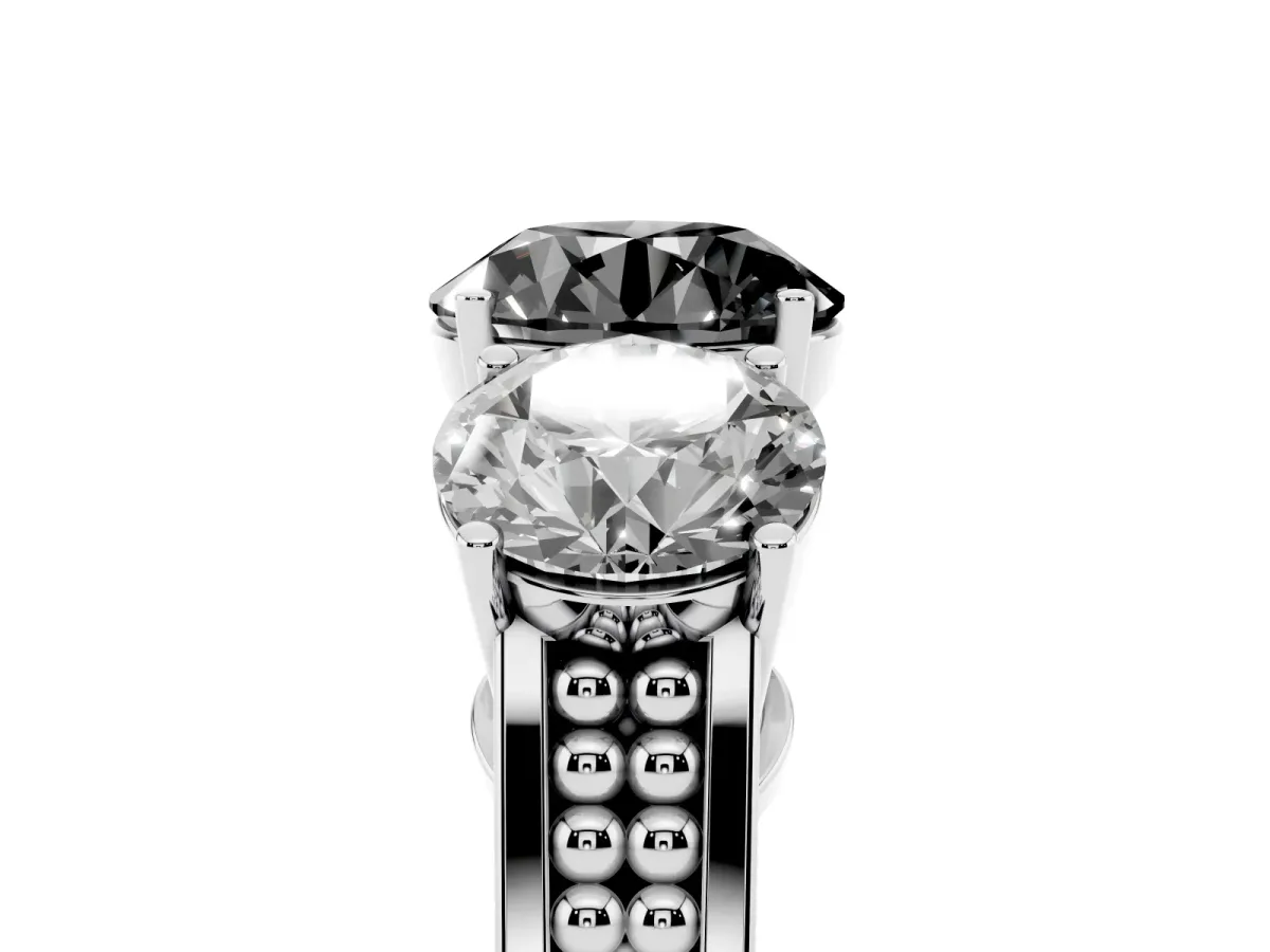 Fancy Black Round Cut Diamond Three-Stone Ring with Prong Setting and Textured Band Silver