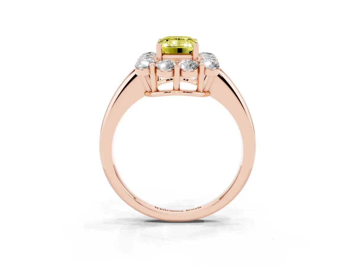 Fancy Yellow Emerald Cut Halo Cluster Diamond Engagement Ring with Prong Setting and Polished Band Rose gold