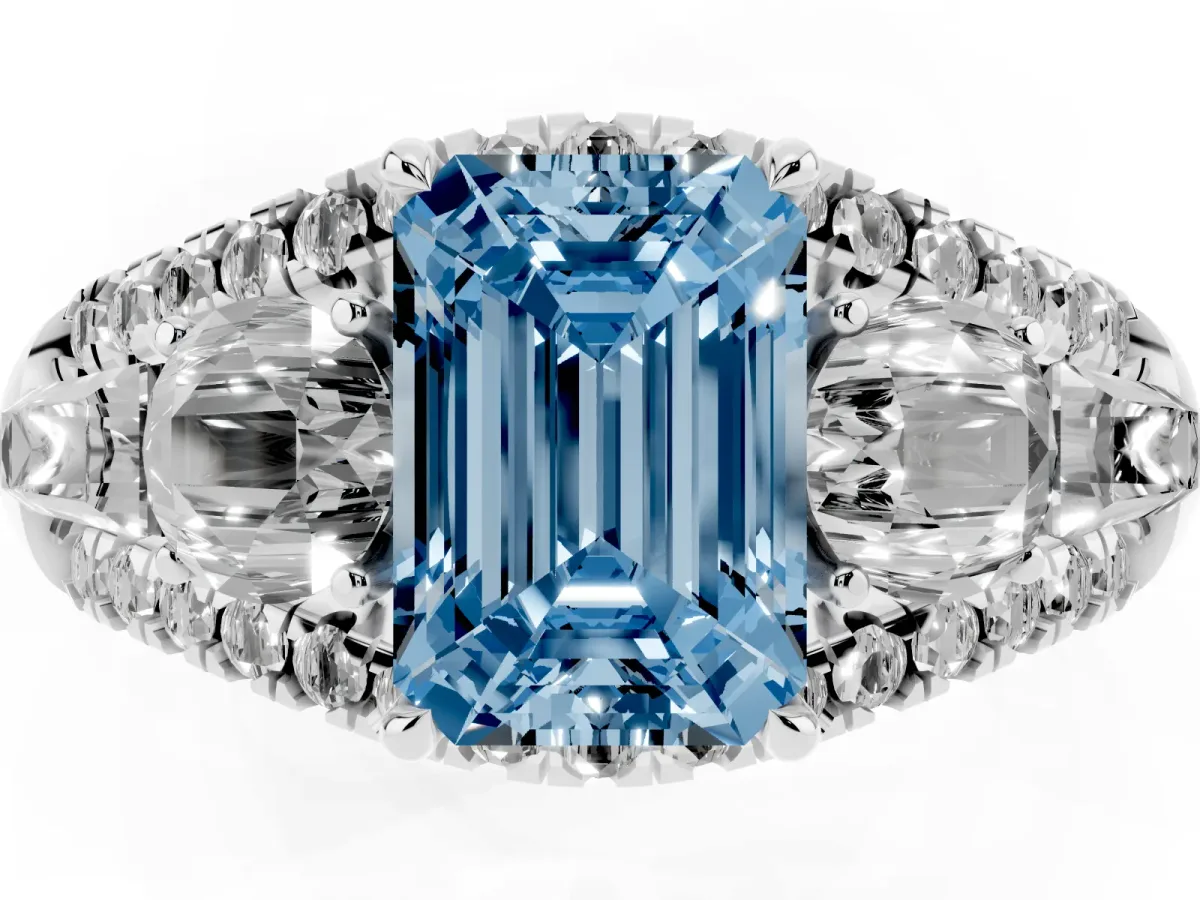 Fancy Blue Three-Stone Emerald Cut Diamond Engagement Ring with Pave Band and Prong Setting Silver