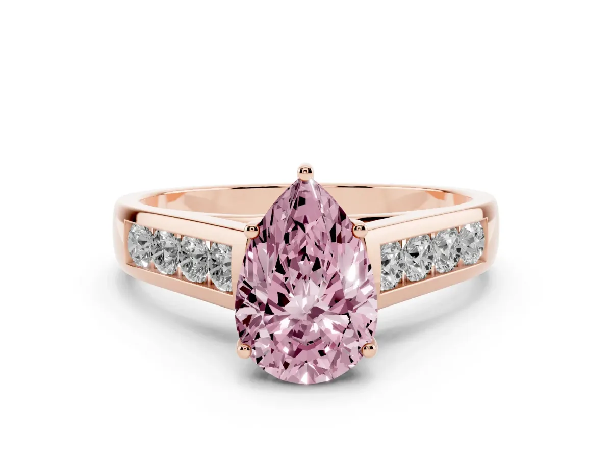 Fancy Pink Pear Cut Brilliant Channel-Set Solitaire Ring with Four-Prong Setting Rose gold