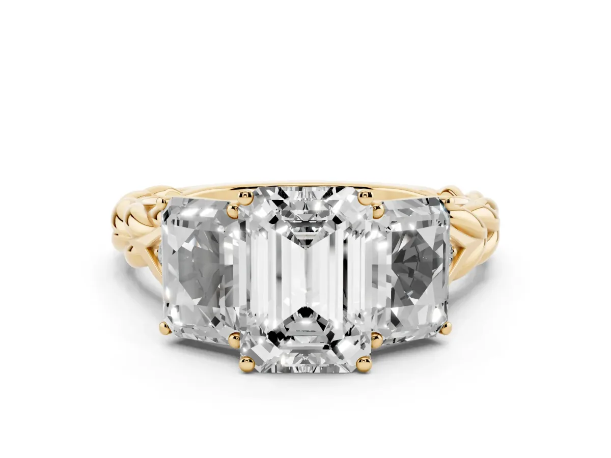 Three-Stone Emerald Cut Diamond Braided Band Ring with Four-Prong Setting Yellow gold