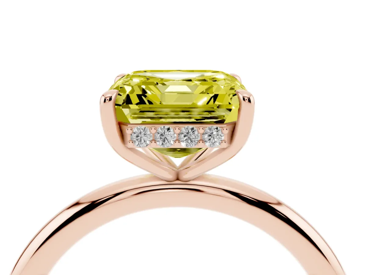 Fancy Yellow Asscher Cut Diamond Solitaire Ring with Thin Band and Four-Prong Setting Rose gold