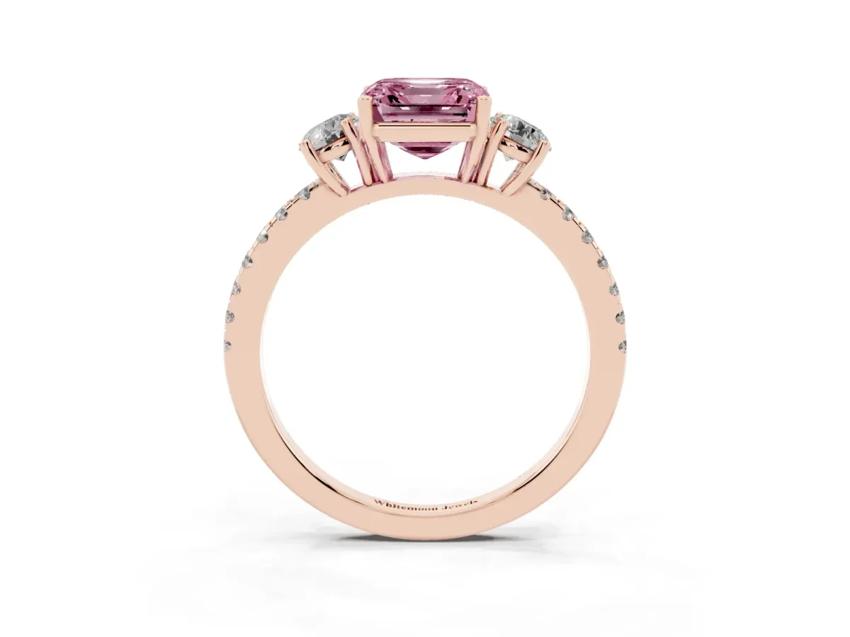 Fancy Pink Three-Stone Asscher Cut Cut Diamond Pavé Band with Prong Setting Rose gold