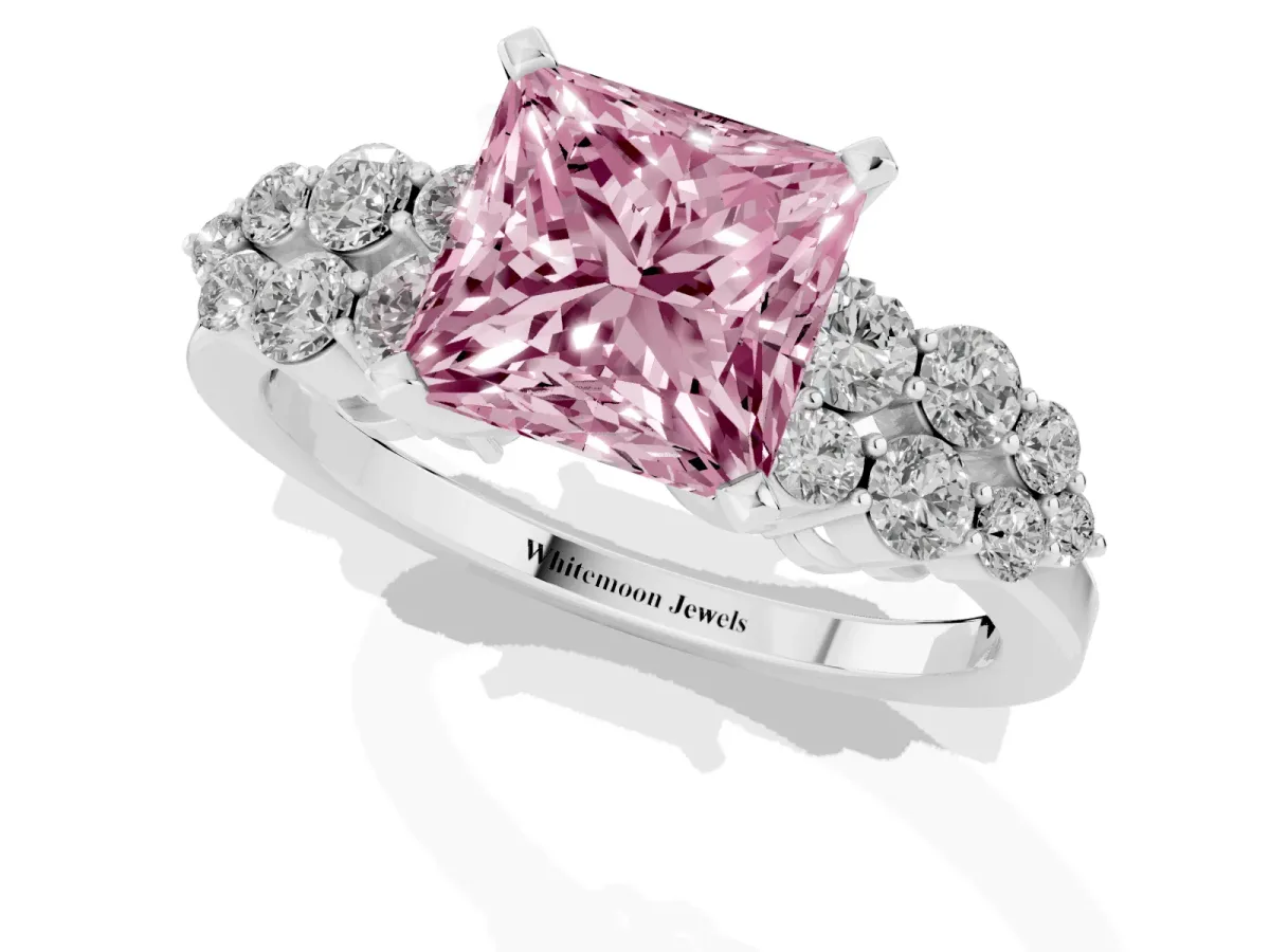 Fancy Pink Princess Cut Cluster Diamond Engagement Ring with Pavé Band and Four-Prong Setting Silver