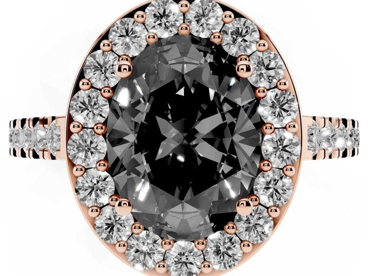 Fancy Black Oval Cut Diamond Halo Ring with Round Pavé Split Shank and Prong Setting Rose gold