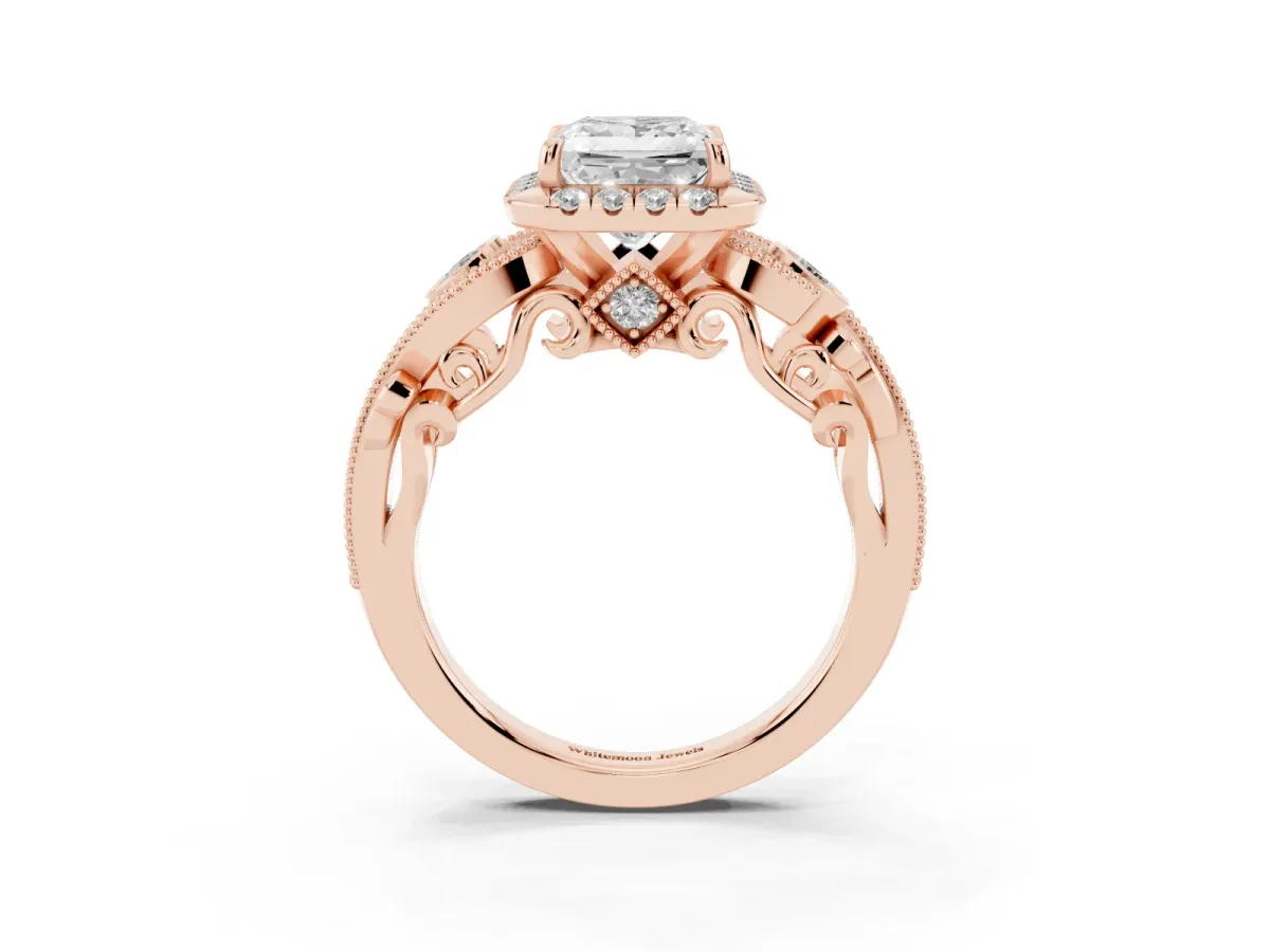 Princess Cut Diamond Halo Ring with Milgrain Pavé Band and Four-Prong Setting Rose gold