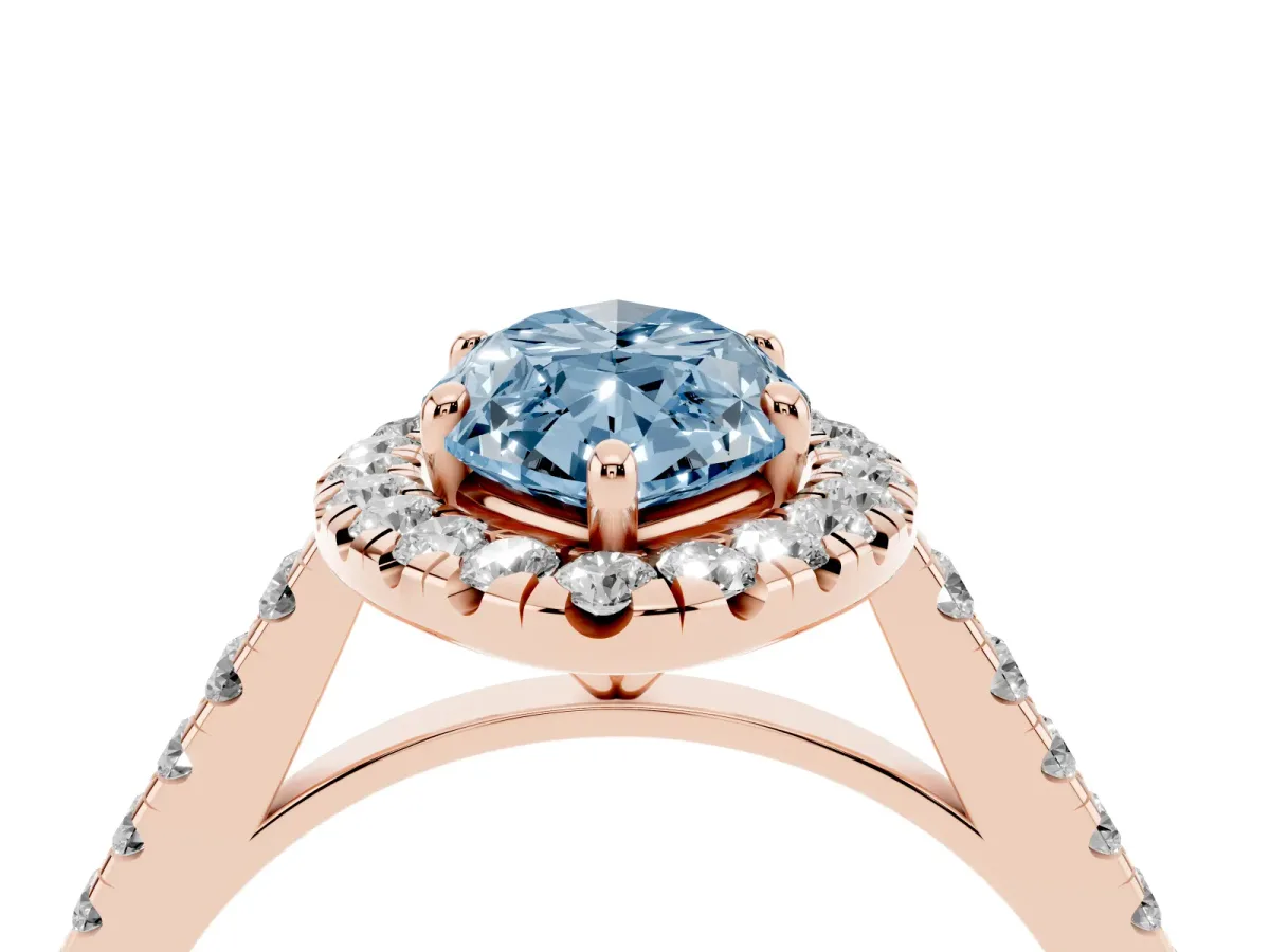 Fancy Blue Marquise Cut Halo Pave Diamond Engagement Ring with Four-Prong Setting Rose gold