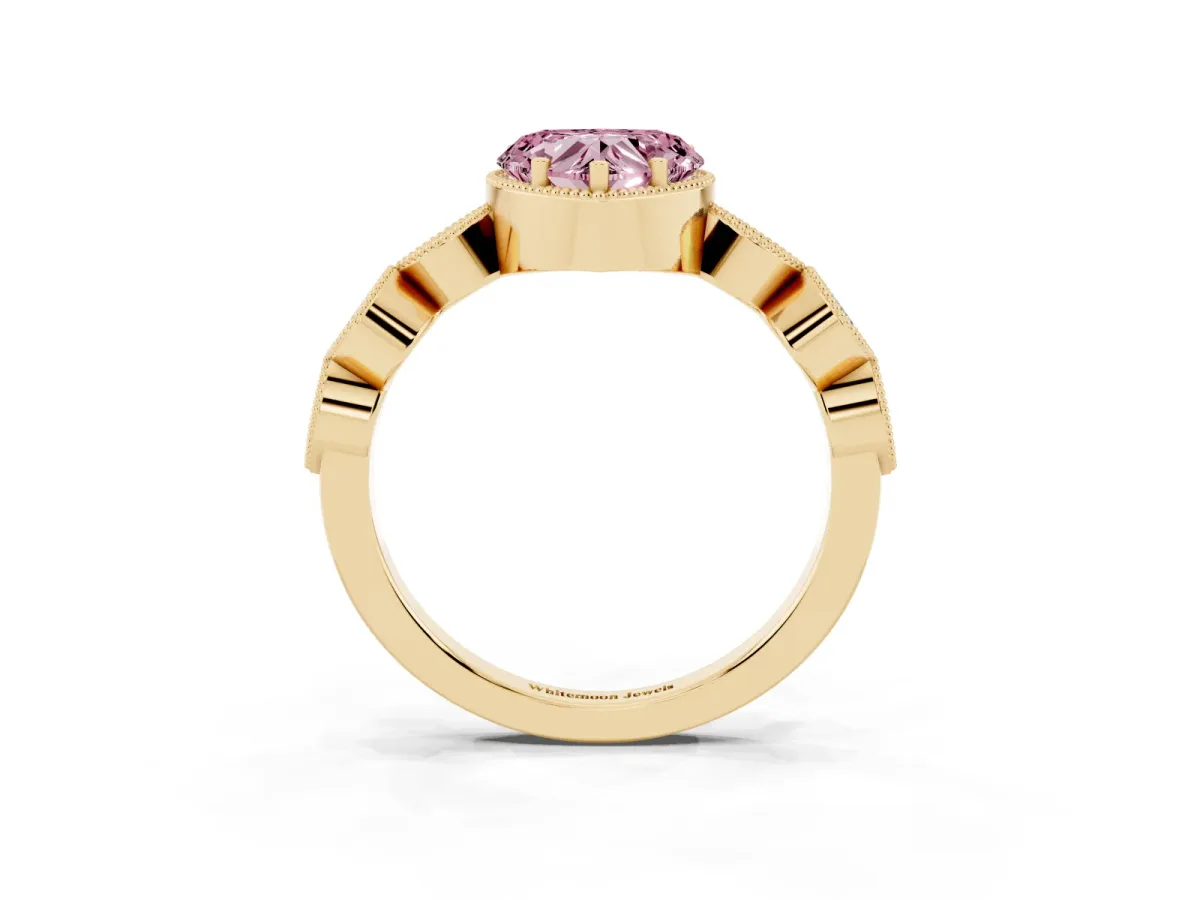 Fancy Pink Heart Cut Diamond Vintage Milgrain Ring with Round Stations Yellow gold