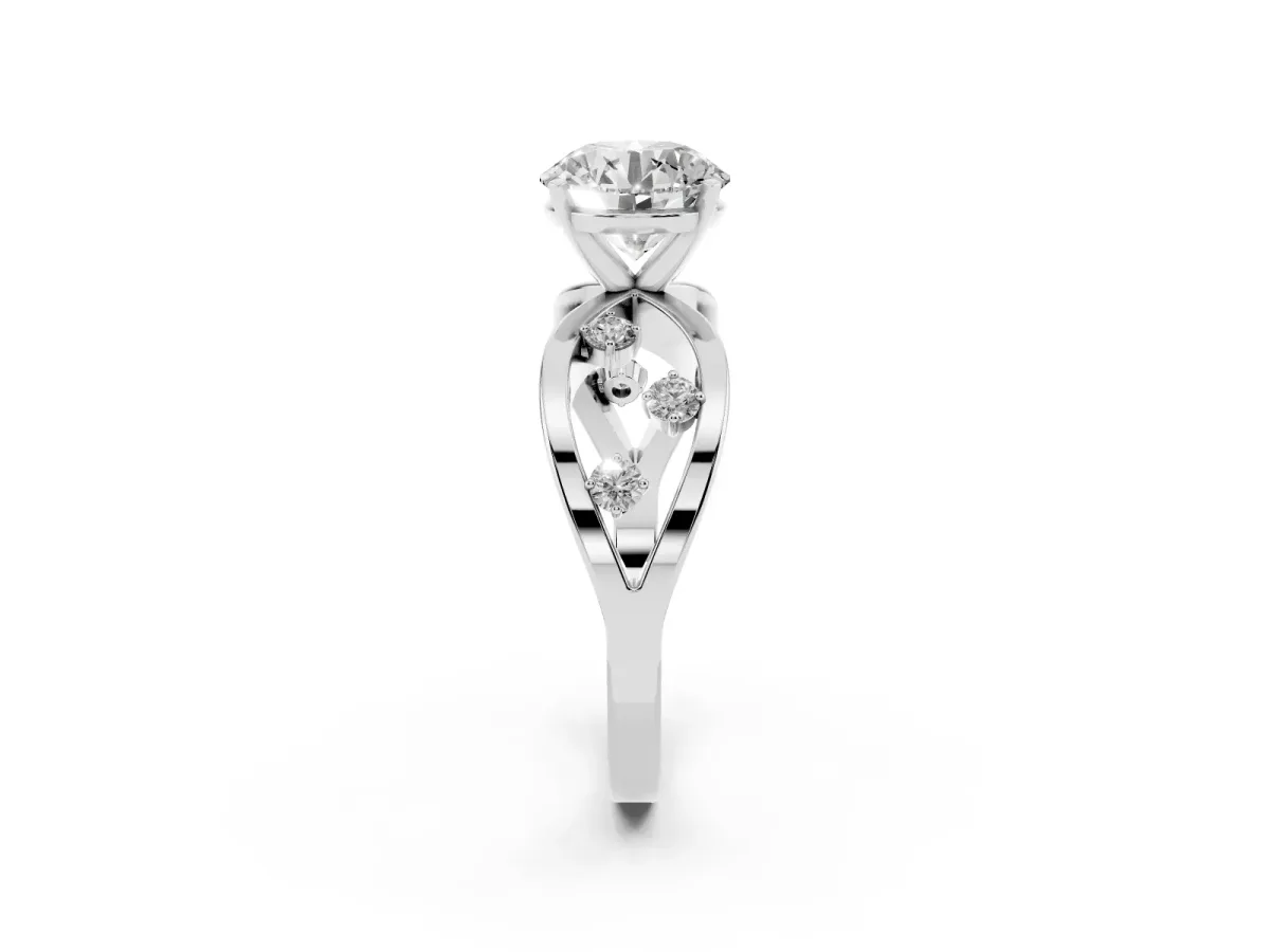 Round Cut Cut Solitaire Diamond with Side Stones on Criss-Cross Band and Four-Prong Setting Silver