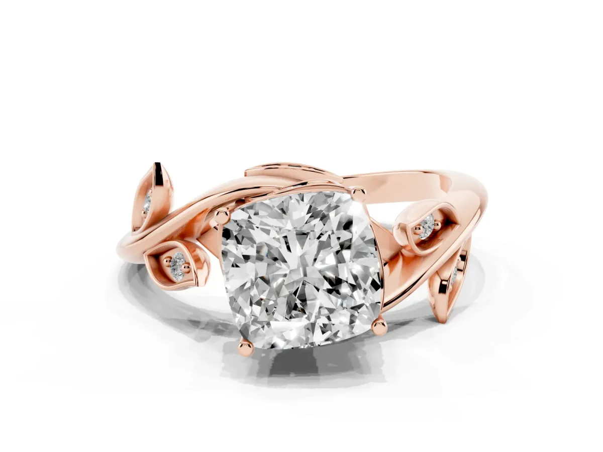 Cushion Cut Solitaire Twist Engagement Ring with Leaf Accents and Prong Setting Rose gold