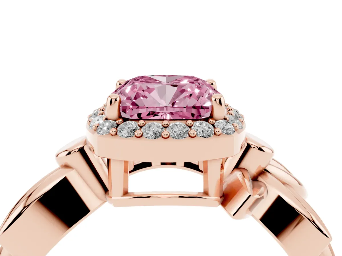 Fancy Pink Cushion Cut Halo Diamond Floral Band with Four-Prong Setting Rose gold