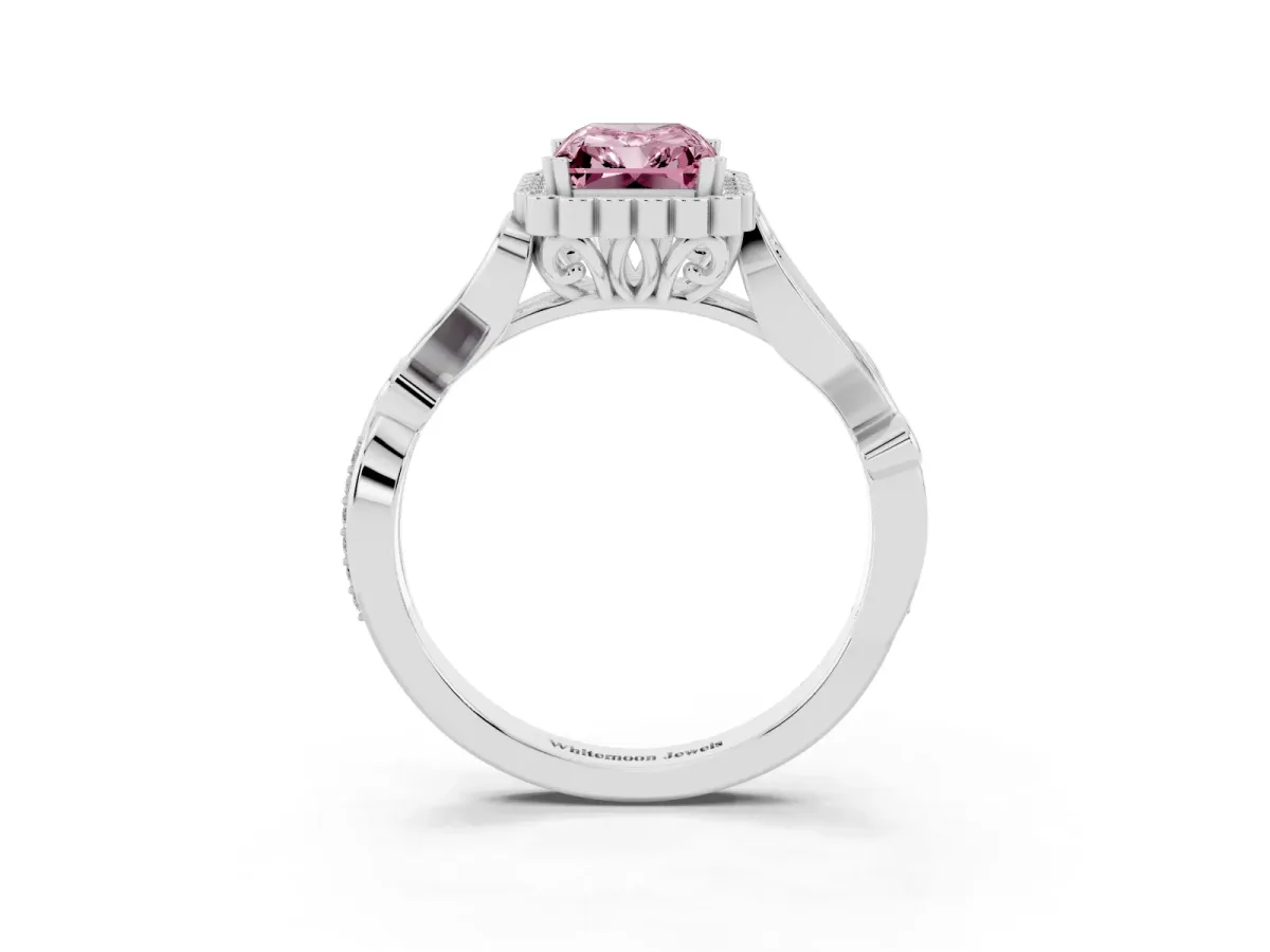 Fancy Pink Radiant Cut Diamond Halo Ring with Vintage Split Shank and Four-Prong Setting Silver