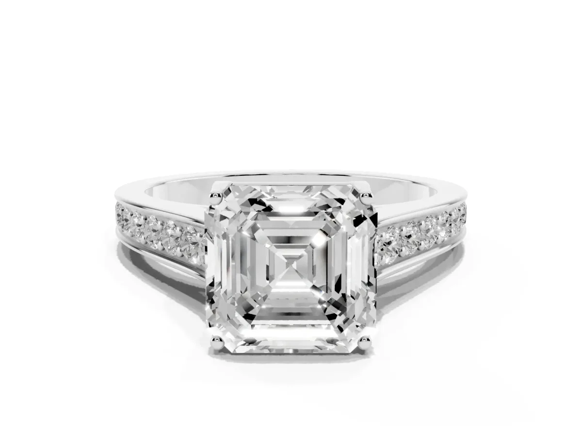 Asscher Cut Brilliant Cut Diamond Engagement Ring with Pavé Band and Four-Prong Setting Silver