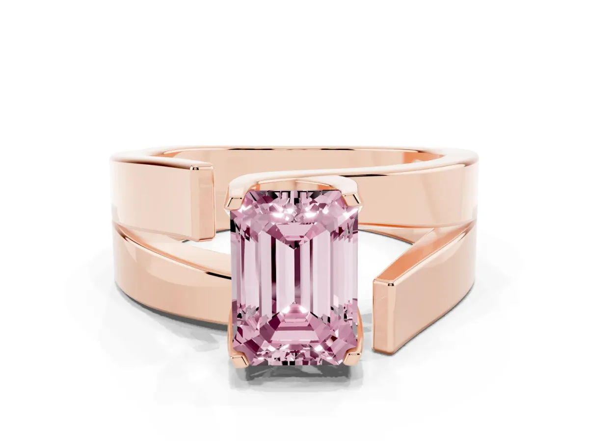 Fancy Pink Modern Tension Set Emerald Cut Diamond Solitaire Wide Band Ring Rose gold