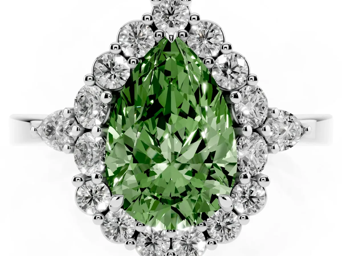 Fancy Green Pear Cut Diamond Halo Ring with Pear Side Stones and Prong Setting Silver
